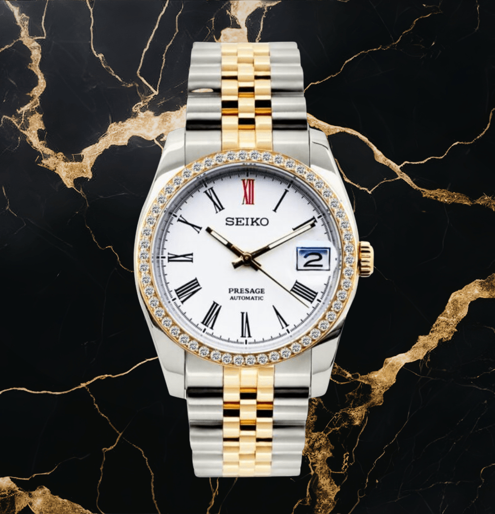 Seiko Mod Datejust Twotone White Presage Diamond - Watches By Cody