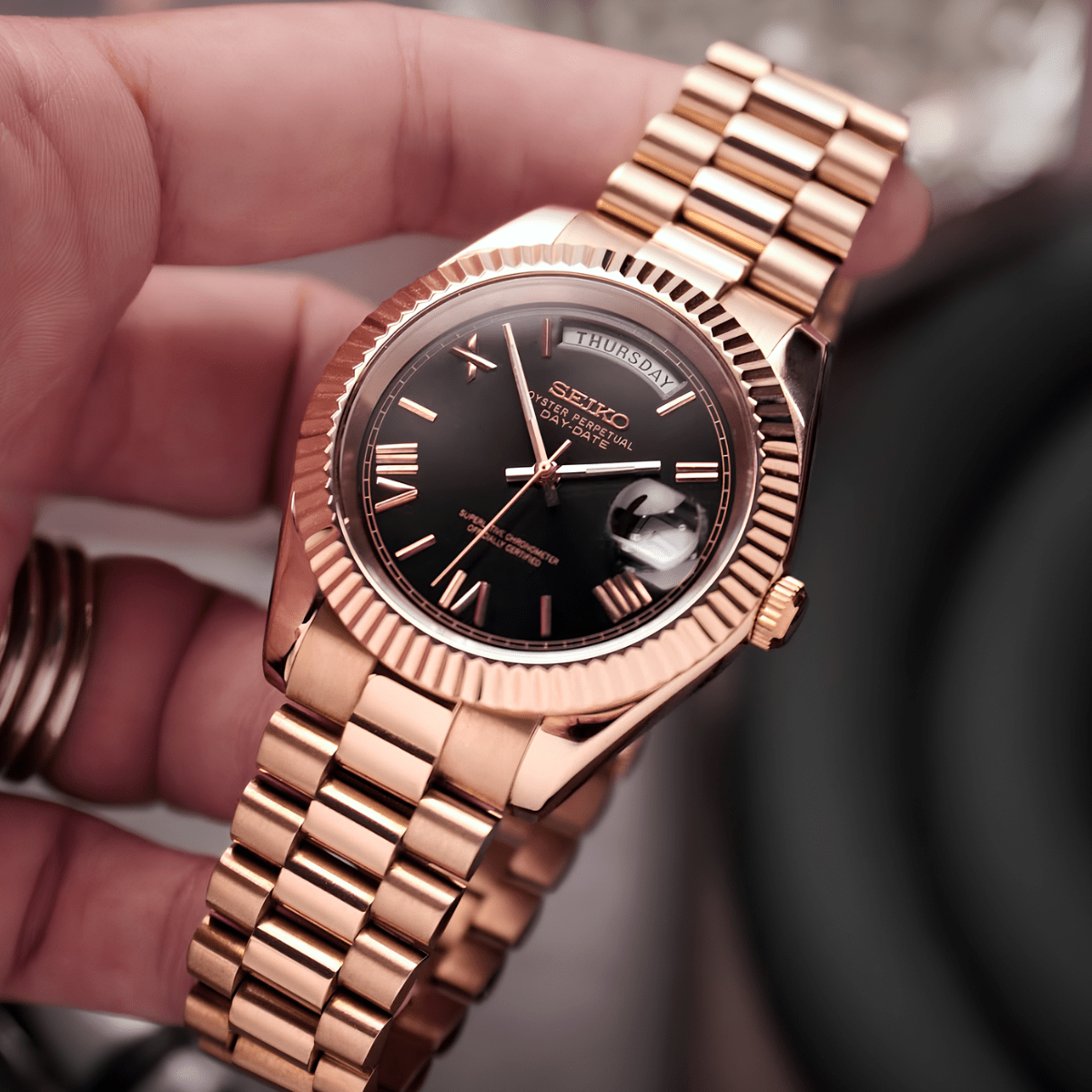 Seiko Mod Day-Date Gold Roman Black - Watches By Cody