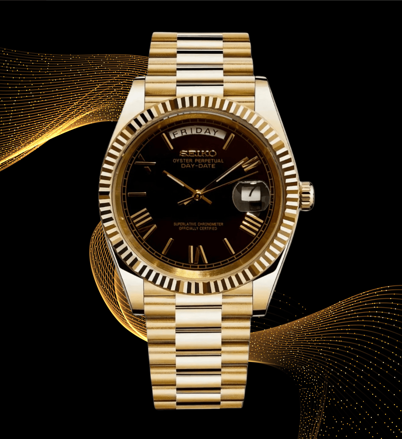 Seiko Mod Day - Date Gold Roman Black - Watches By Cody