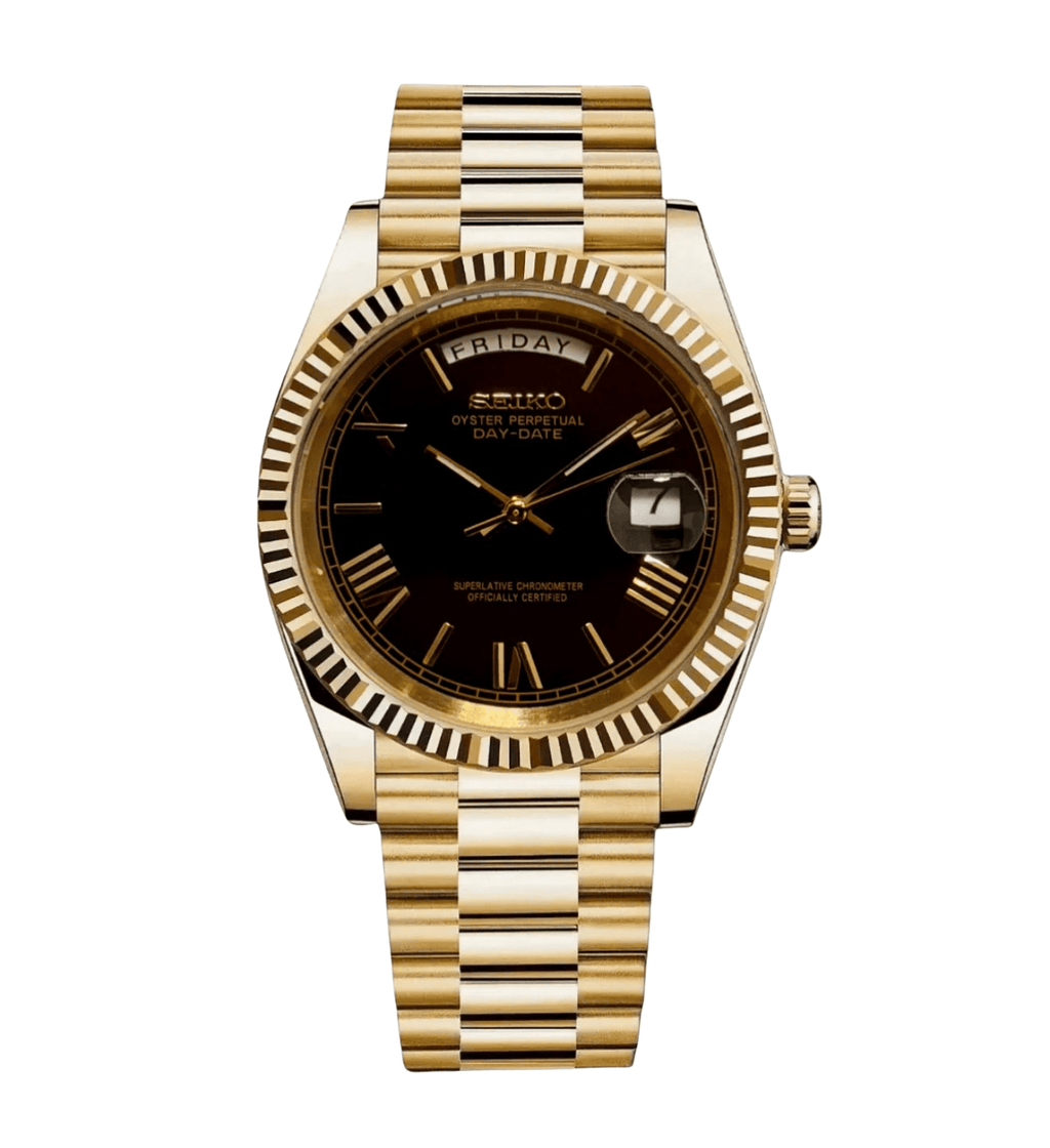 Seiko Mod Day - Date Gold Roman Black - Watches By Cody