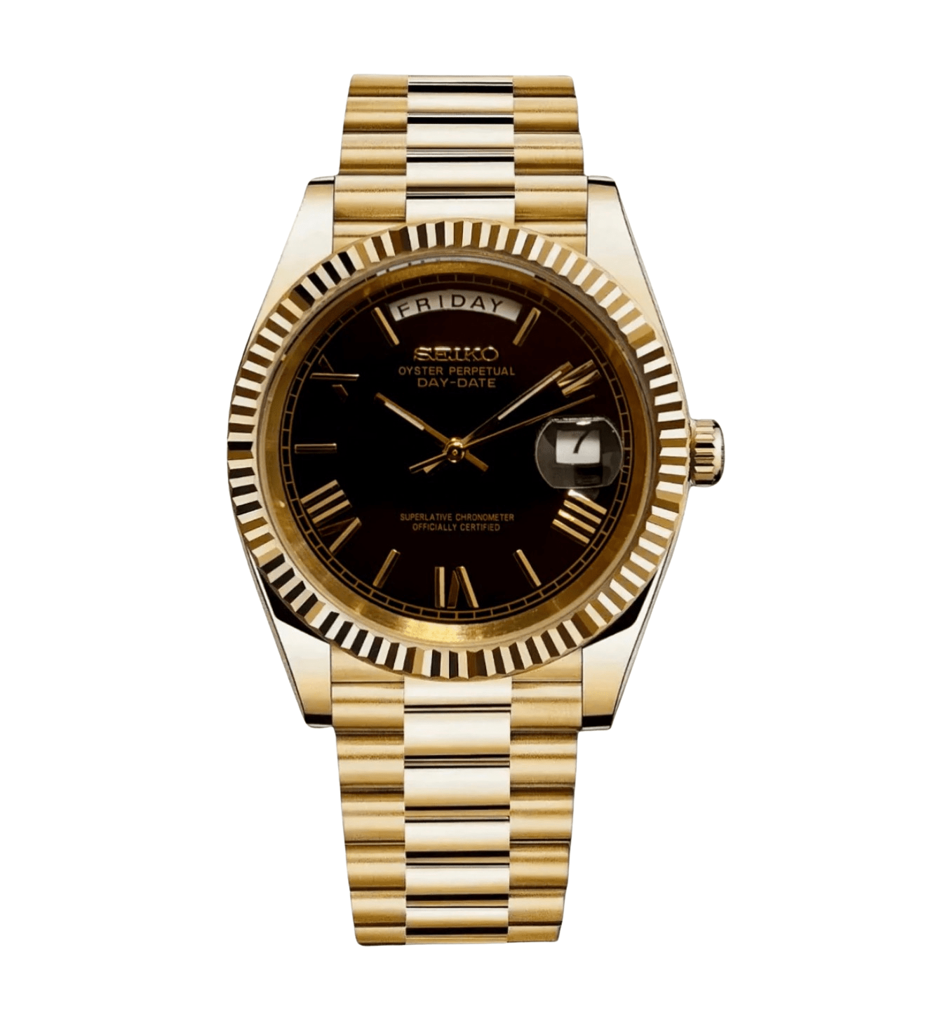 Seiko Mod Day - Date Gold Roman Black - Watches By Cody