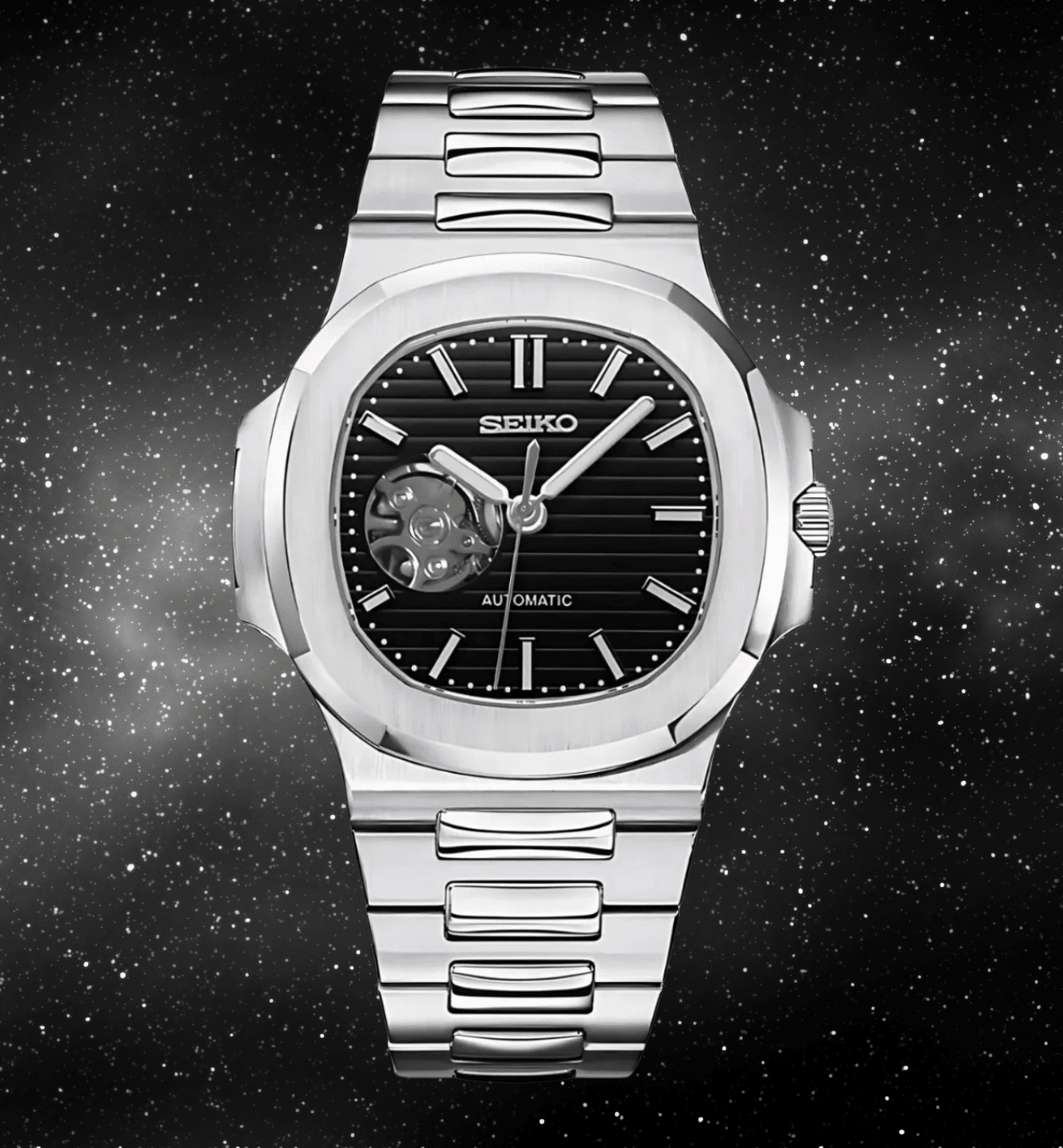 Seiko Mod Nautilus Black Open Heart - Watches By Cody