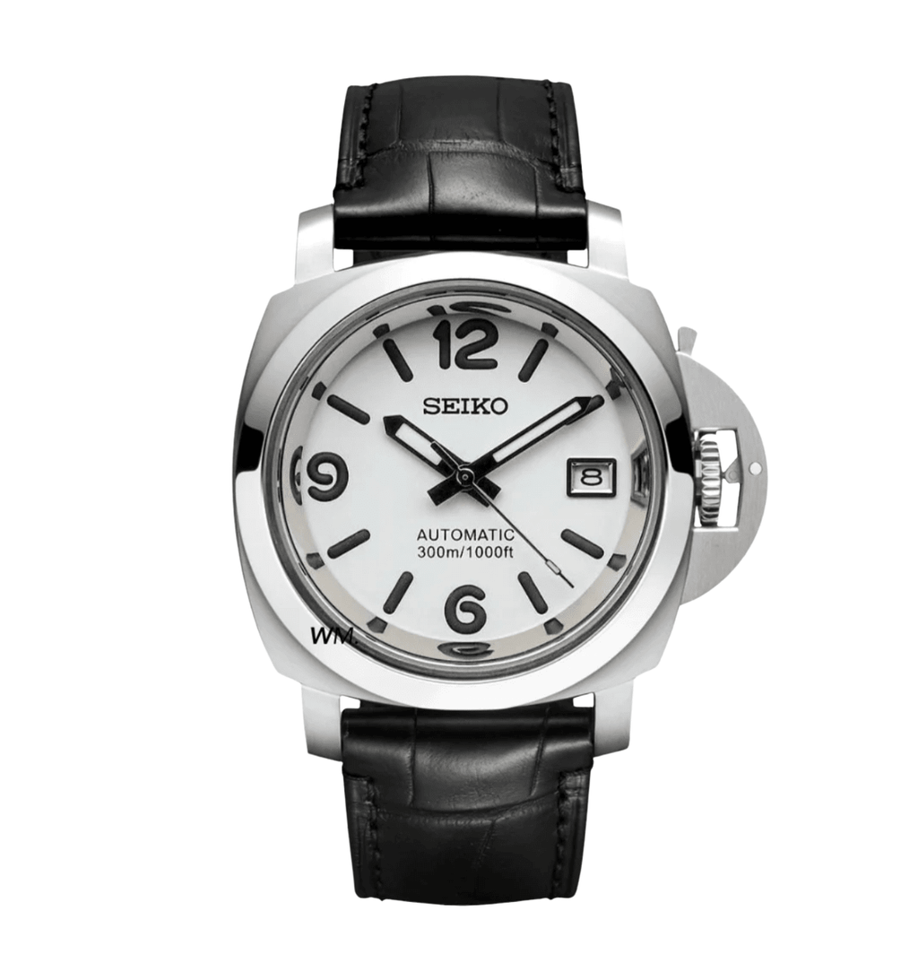 Seiko Mod Paneiko Black White NH35 automatic movement black leather strap
