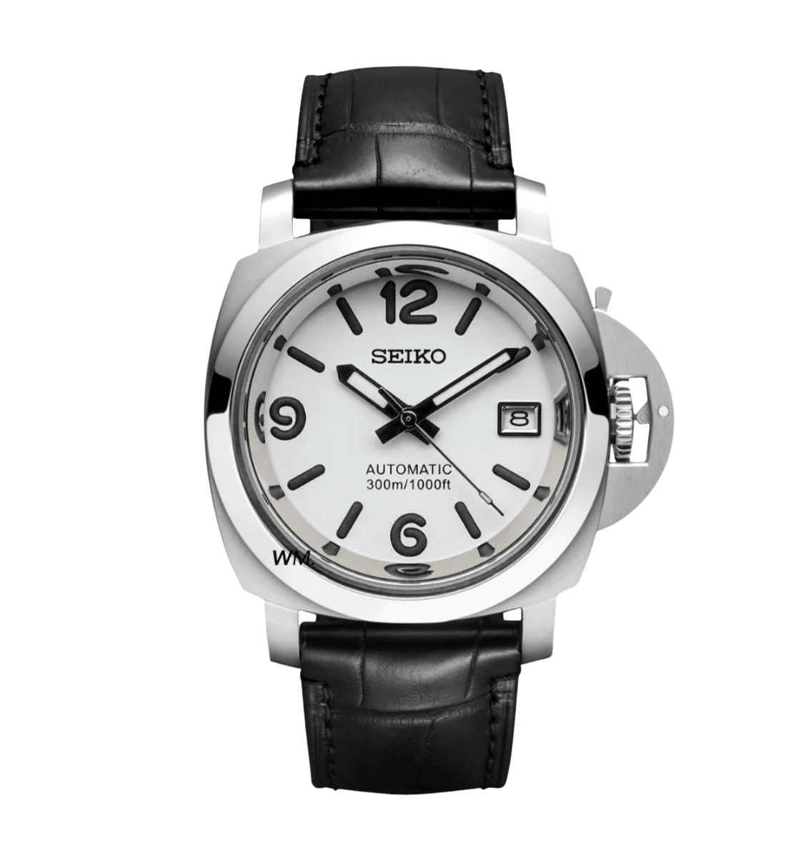 Seiko Mod Paneiko Black White NH35 automatic movement black leather strap
