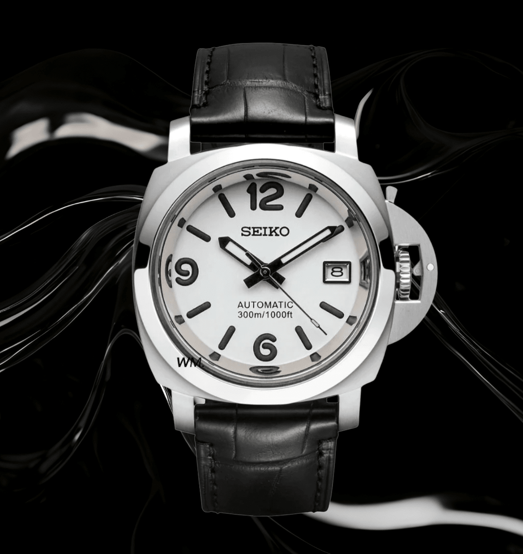 Seiko Mod Paneiko Black White NH35 automatic movement black leather strap