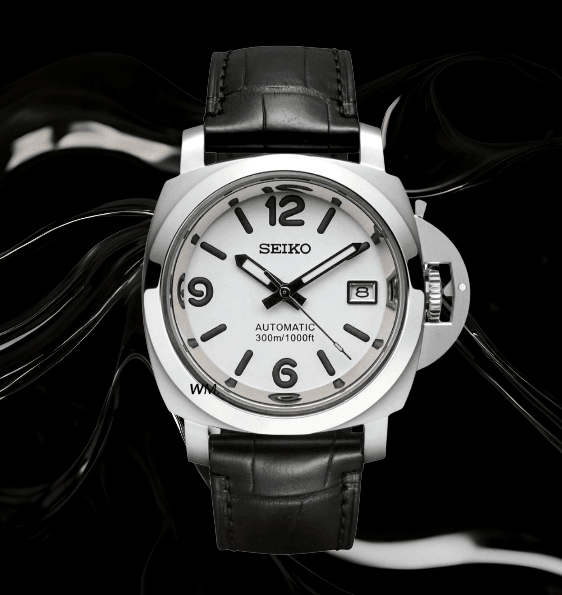 Seiko Mod Paneiko Black White NH35 automatic movement black leather strap